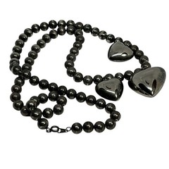 Vintage Triple Puffy Heart Charm Necklace Silver Tone Beaded