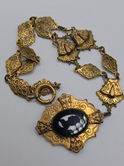 Antique Victorian Era Vermeil Medallion Chain Glass Cameo Pendant Choker 12″ SEE