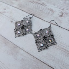 Vintage Dangle Earrings For Pierced Ears Dark Metal with Iridescent Gems