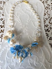 Vintage Venetian Aqua Pearlized Flower Bead Art Glass Necklace 17 Inches