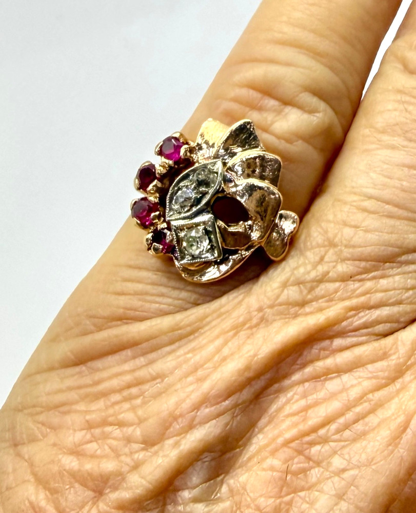 Anitque Vintage 3 OMC Diamond Ruby 14k Rose Gold Ring w/Card Appraisal Size 5