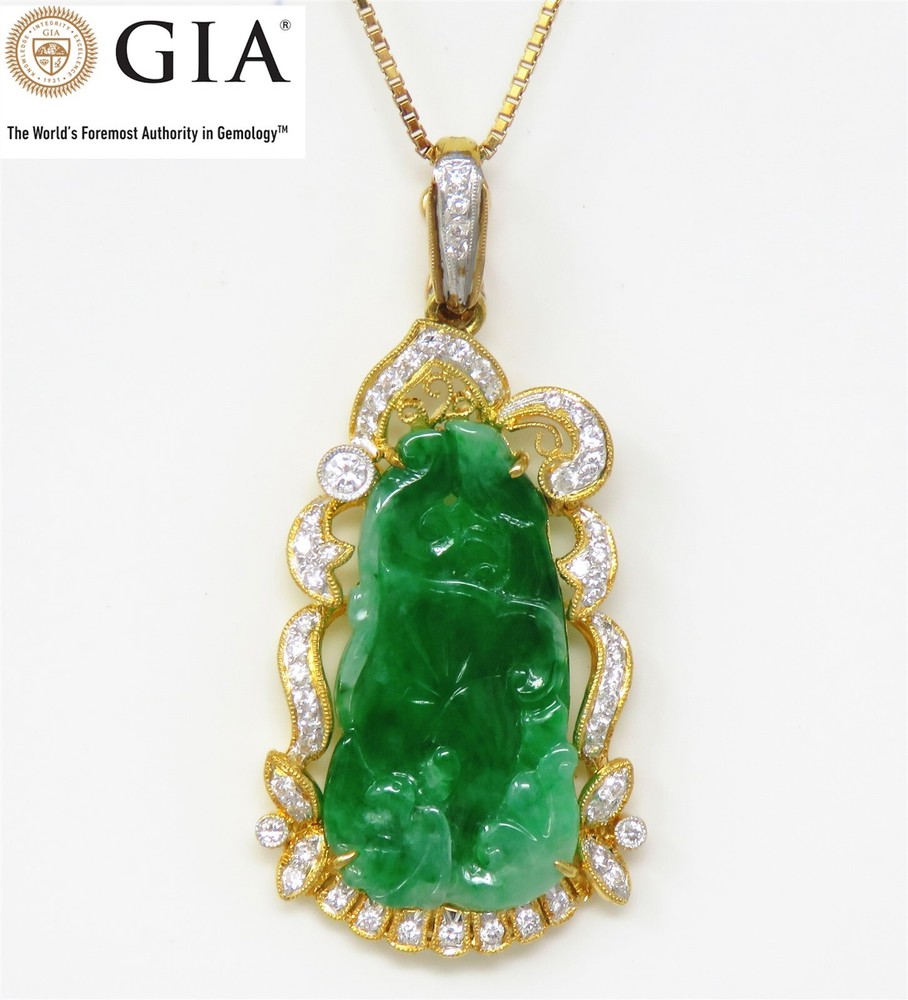 NYJEWEL GIA Certified 18k Gold Jadeite A Jade Diamond Pendant Necklace 18″ 翡翠