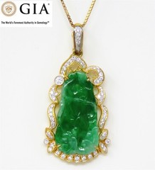 NYJEWEL GIA Certified 18k Gold Jadeite A Jade Diamond Pendant Necklace 18″ 翡翠