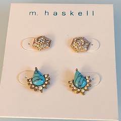 NWT M Haskell Earring Set 2 Pairs Pave Crystal Hexagon & Faux Turquoise Sunburst