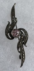 Vintage Pink Amethyst Markasite + .925 Sterling Silver Pin Brooch 2.25”