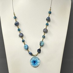 Bursting Glass Flower Pendant Necklace Blue Borosilicate Acrylic Beads 21″