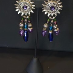 VTG Boho Sunburst Clip‑On Earrings Mixed Glass Metal Beads