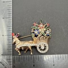 Vintage Donkey Flower Cart Rhinestone Brooch Pin J110
