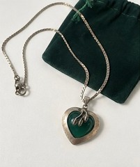 Vintage green malachite necklace sterling silver 925 heart pendant woman jewelry