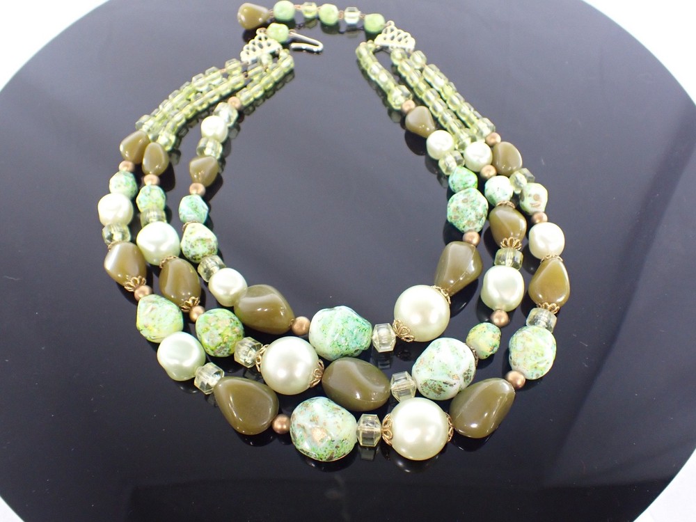 Vintage West Germany Multi Strand Green Bead Necklace 16.5–18″