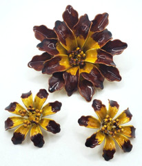 Vintage Large Brown and Yellow Enamel Flower Brooch & Clip On Earrings Beautiful