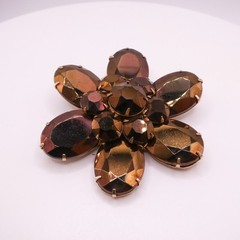 Vintage Brown Glass Rhinestone Gold Tone Flower Brooch Large 2.7″ Womens Mens