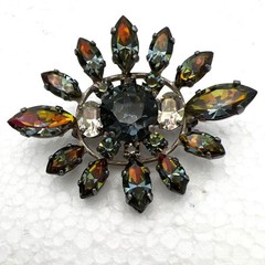 Vintage Watermelon Rhinestone Brooch Pin Faceted Sunburst Silver Tone