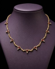 Gold Tone Red Crystal Necklace 18″ Rhinestone Station Necklace Vintage