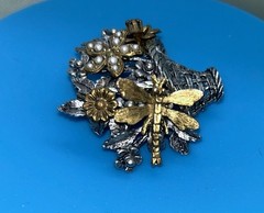 Gold Tone Pewter Dragonfly Faux Pearl Brooch Floral Basket Nature Vintage Garden