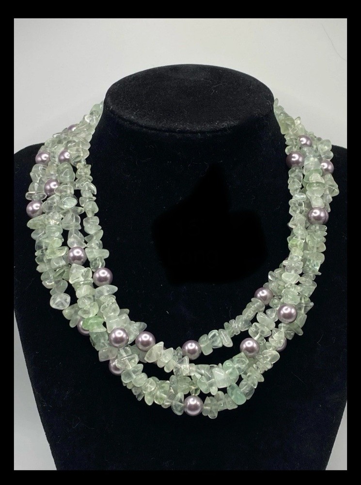 Elegant Sterling Silver 925 Clasp, Prehnite & Silver Pearl Accents 15” Necklace