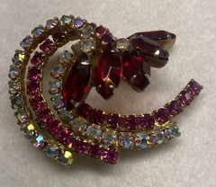 Vintage Red, Pink & Clear AB Rhinestone Brooch & Earrings in Gold Tone Setting