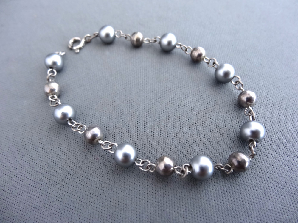 VINTAGE STERLING BLACK PEARL CHAIN TENNIS BRACELET