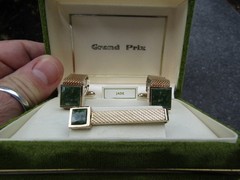 Swank Grand Prix Vintage Cufflinks Tie Bar Set Green Jade New Cuff Links
