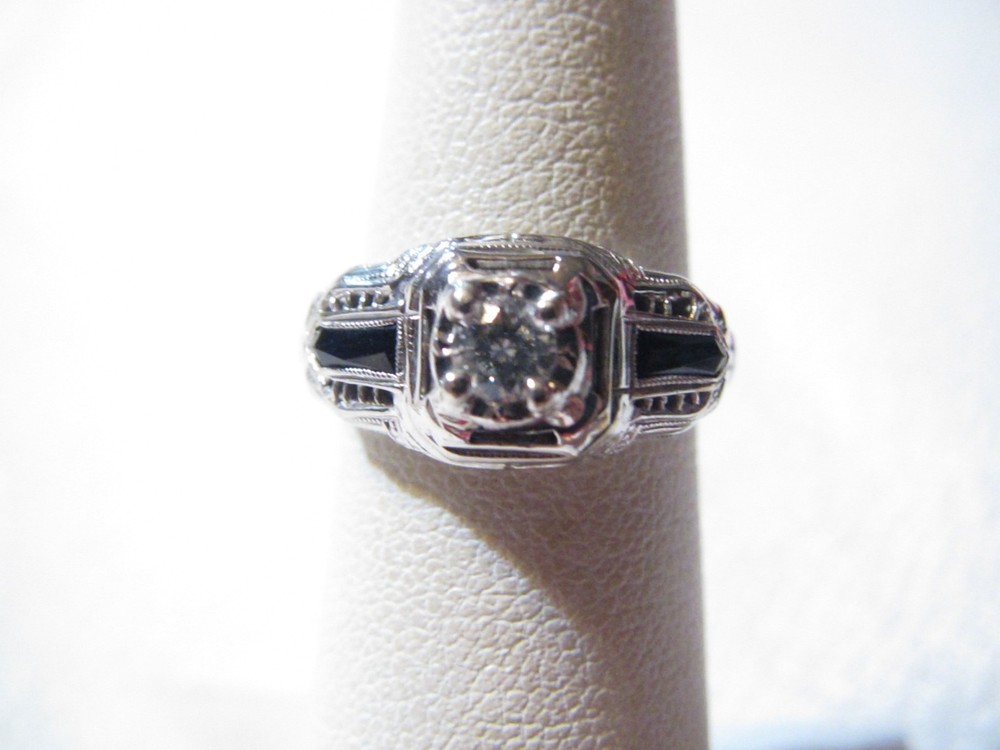 ART NOUVEAU 18K WHITE GOLD DIAMOND & SAPPHIRE ANTIQUE FILIGREE RING – SZ 4 1/2
