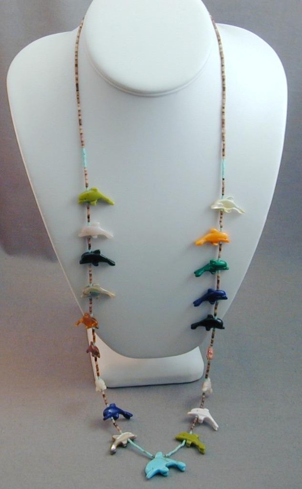 Vintage Native American Carved Gemstone Dolphin Fetish Necklace 29.75”