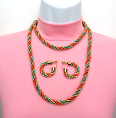 VTG 1950s 60s DOUBLE STRAND EGYPTIAN REVIVAL RUNWAY NECKLACE & EARRINGS GOLDEN