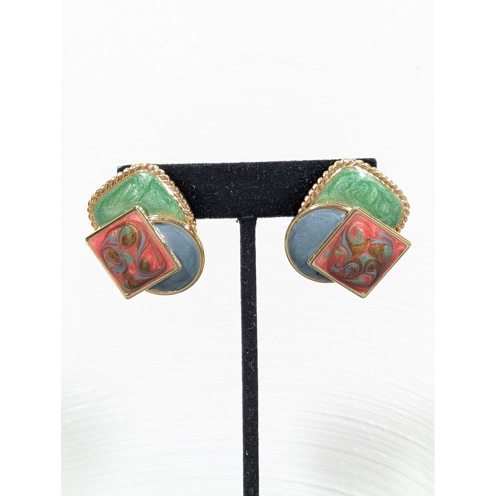 Vintage Enamel Color Block Earrings Blue Green Swirl Geometric Memphis Style