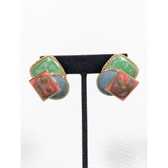 Vintage Enamel Color Block Earrings Blue Green Swirl Geometric Memphis Style