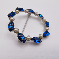 Vintage B. David Wreath Brooch Silver Tone Faux Pearl Blue Rhinestone Signed MCM
