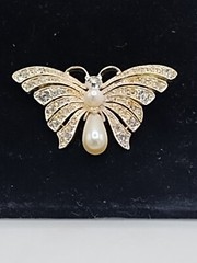 Vintage Butterfly Brooch Faux Pearl and Rhinestone Open Work Design.Silver Tone