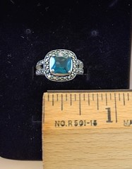 Vtg London Blue Topaz Marcasite Halo Ring sz 7 925 Sterling 4 gm ExcCond Must C
