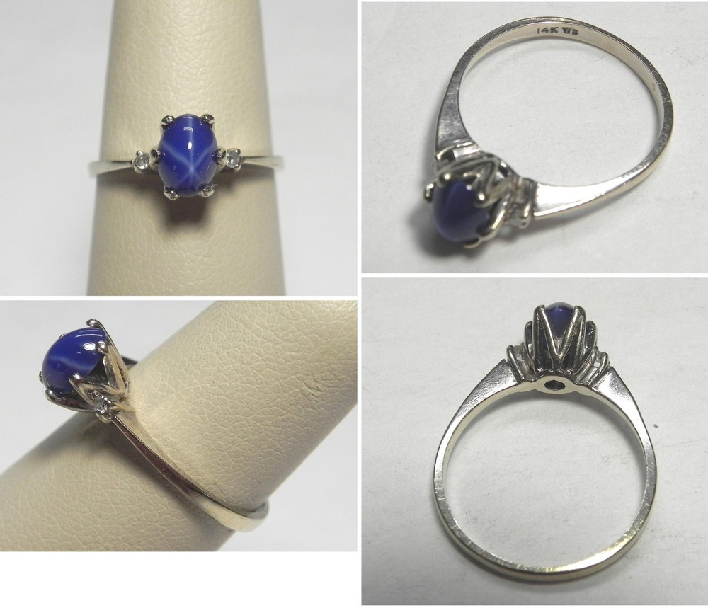 V534 Vintage Solid 14K White Gold Diamond & Lab Star Sapphire 3 Stone Ring, 6.25