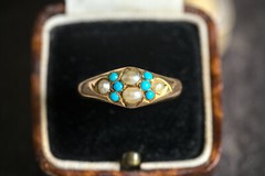 ANTIQUE ART NOUVEAU ENGLISH 15K GOLD SEED PEARL TURQUOISE RING c1890