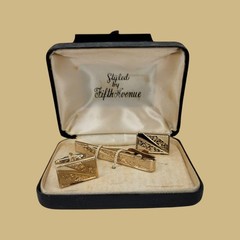 Cufflinks Tie Clip Set Gold Tone Styled by Fifth Avenue Vintage Original Box
