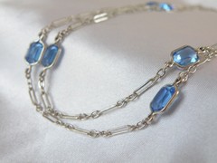 Antique Sterling Silver 925 Blue Gemstone Station Vintage Paperclip Necklace 25″