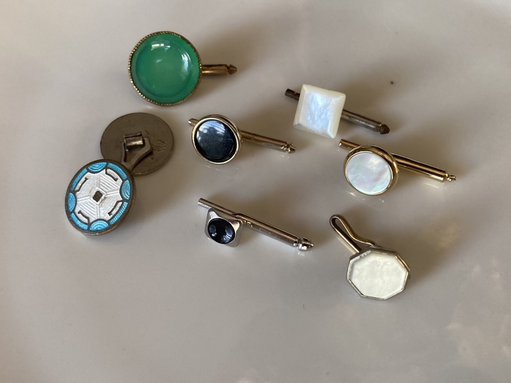 Vintage Dress Studs Lot – Mother of Pearl, Enamel & Onyx – One Marked Example
