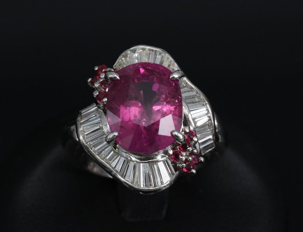 Rare 7.69ct GIA Pink Sapphire 1.02ct Diamond & Ruby Platinum Ring Size 7
