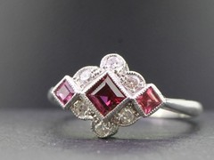 PRETTY ART DECO INSPIRED RUBY AND LAB CREATED DIAMOND 14K WHITE GOLD FINISH RING