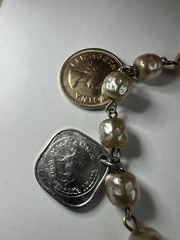 Vintage Handmade 7″ Coin Bracelet w/ 7 Coins Africa India 1947-1957 Faux Pearls