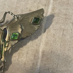 Art Nouveau Deco Egyptian Revival Winged Scarab Brass Green Stones Brooch Pin
