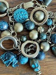 Vintage Charm Bracelet Blue Goldtone Elephant Beads Signed Roxsann