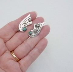Vintage 1930s Taxco Mexico Mexican Sterling Silver Turquoise Wing Earrings 27553