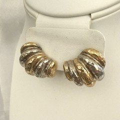 Vintage Tri Tone Ribbed Earrings Gold Silver Statement Textured Retro