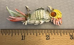 Vintage Enamel Cockatoo Parrot Bird Brooch Colorful Amber Glass Cabochon Eye