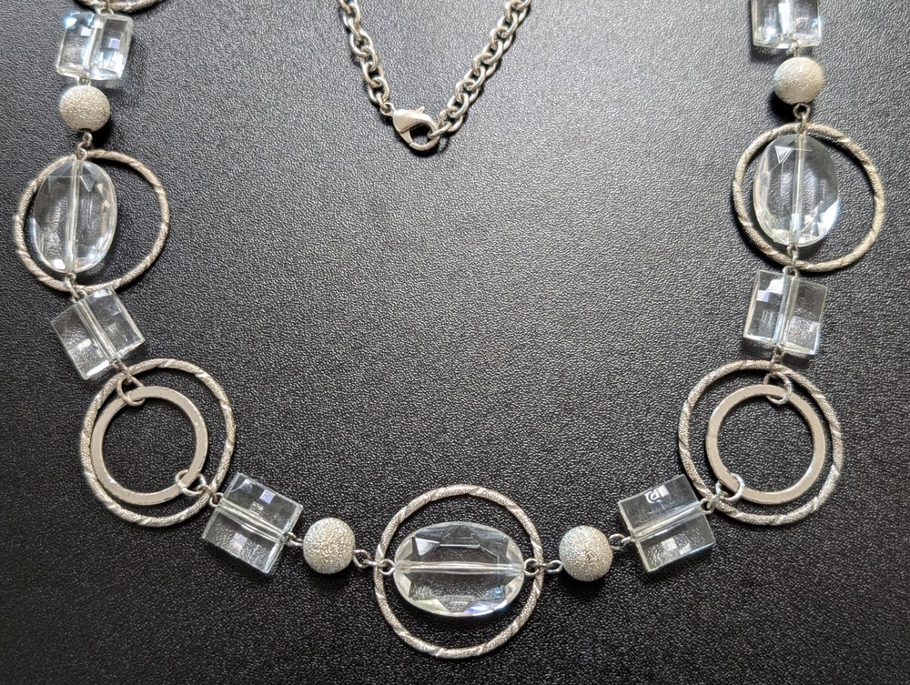 Vintage Silver Tone Geometric Station Necklace Clear Lucite Glass Hoops Textured