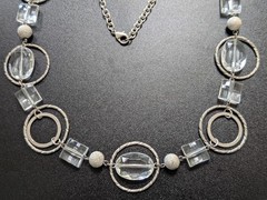 Vintage Silver Tone Geometric Station Necklace Clear Lucite Glass Hoops Textured