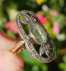 Antique Aquamarine And Rose Cut Diamond 18k And Silver Topped Ring.