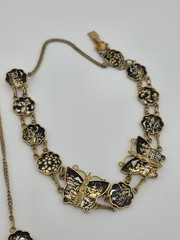 Rare 1940s Japanese 24K Gold Plated Damascene Butterfly Necklace Bracelet Set