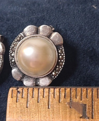 Sterling Silver Pearl Marcasite Post Pierced Earrings Vintage Estate .75in