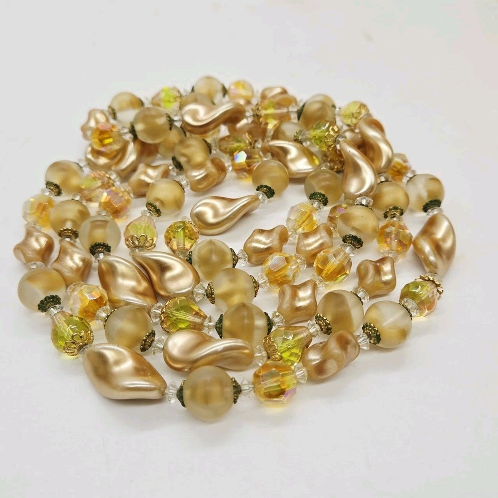 Vendome Necklace Topaz AB Champagne Crystal Long Strand Vintage Faceted 56 in